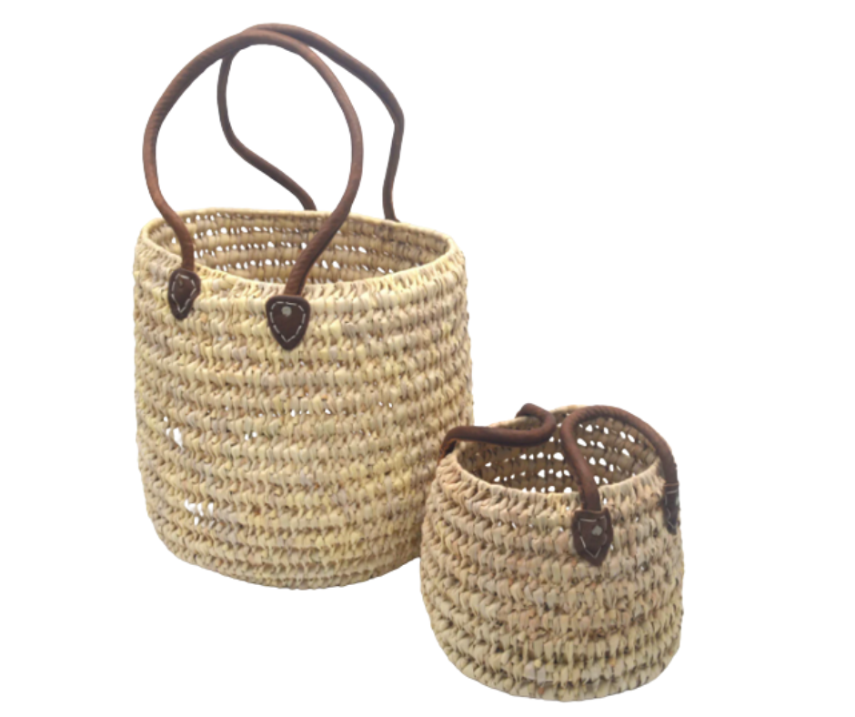 Open Weave Moroccan shopping basket Long leather Handles 3