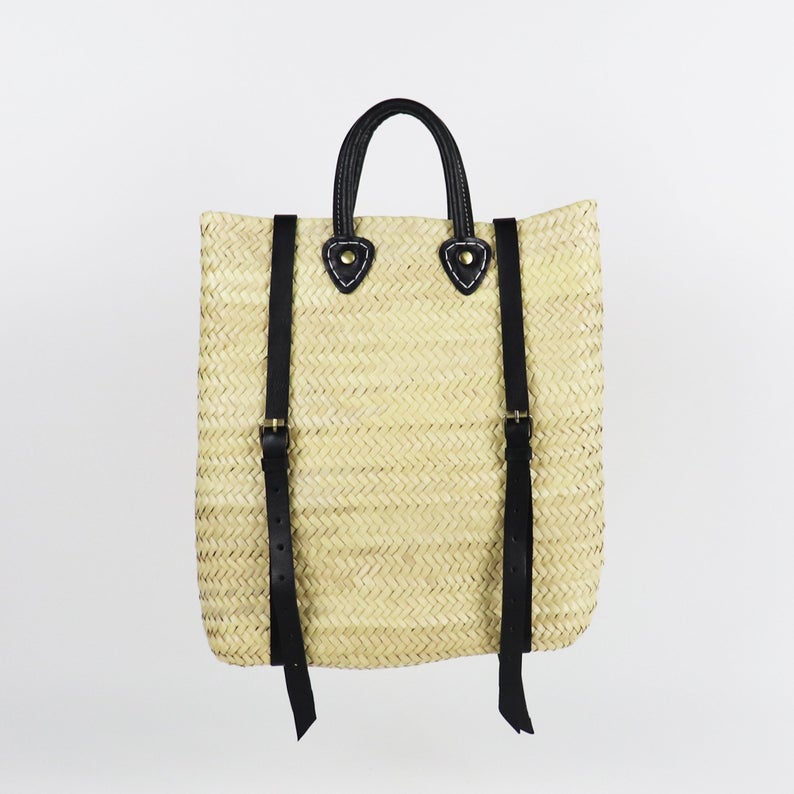 straw backpack with leather straps