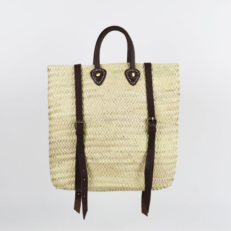 straw backpack with leather straps