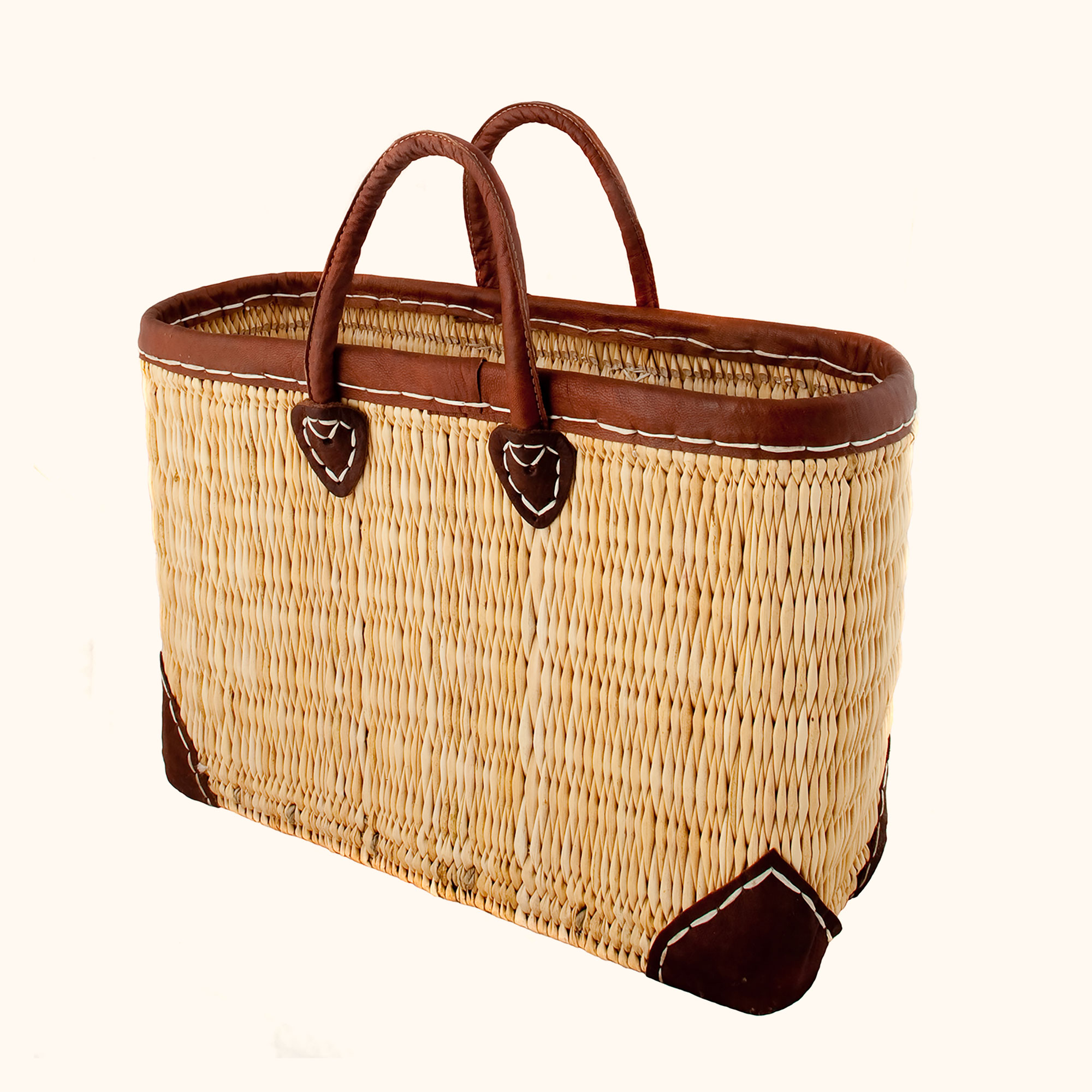 reed basket bag with leather handles